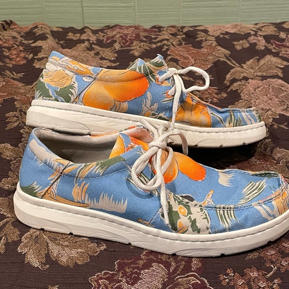 Ariat Hilo Hula Print Canvas Boat Shoe Mens size 9.5 Blue Orange Coastal Moc